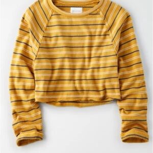 NEW American Eagle Yellow Striped Crew Neck Cropped Sweatshirt